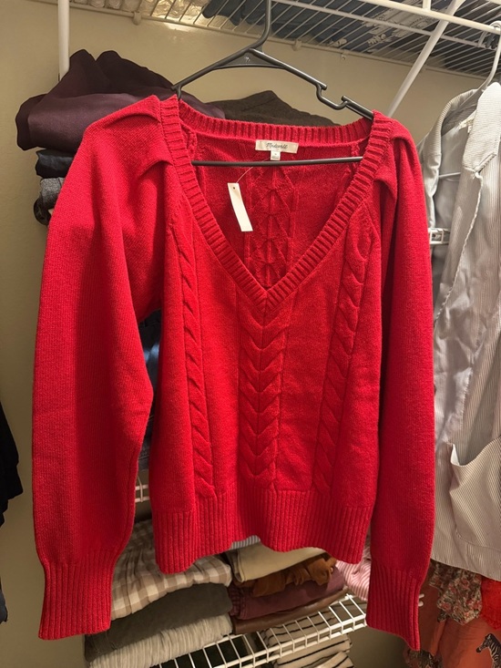 Madewell Sweaters - Madewell Cherry Red V-Neck Cable Knit Sweater